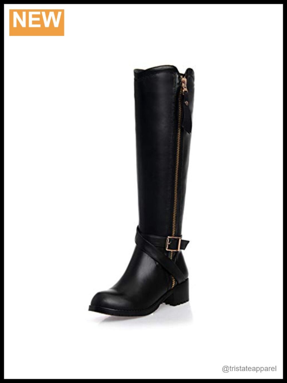 Genuine Leather Knee High Boots with Buckle Low Heel Side Zip